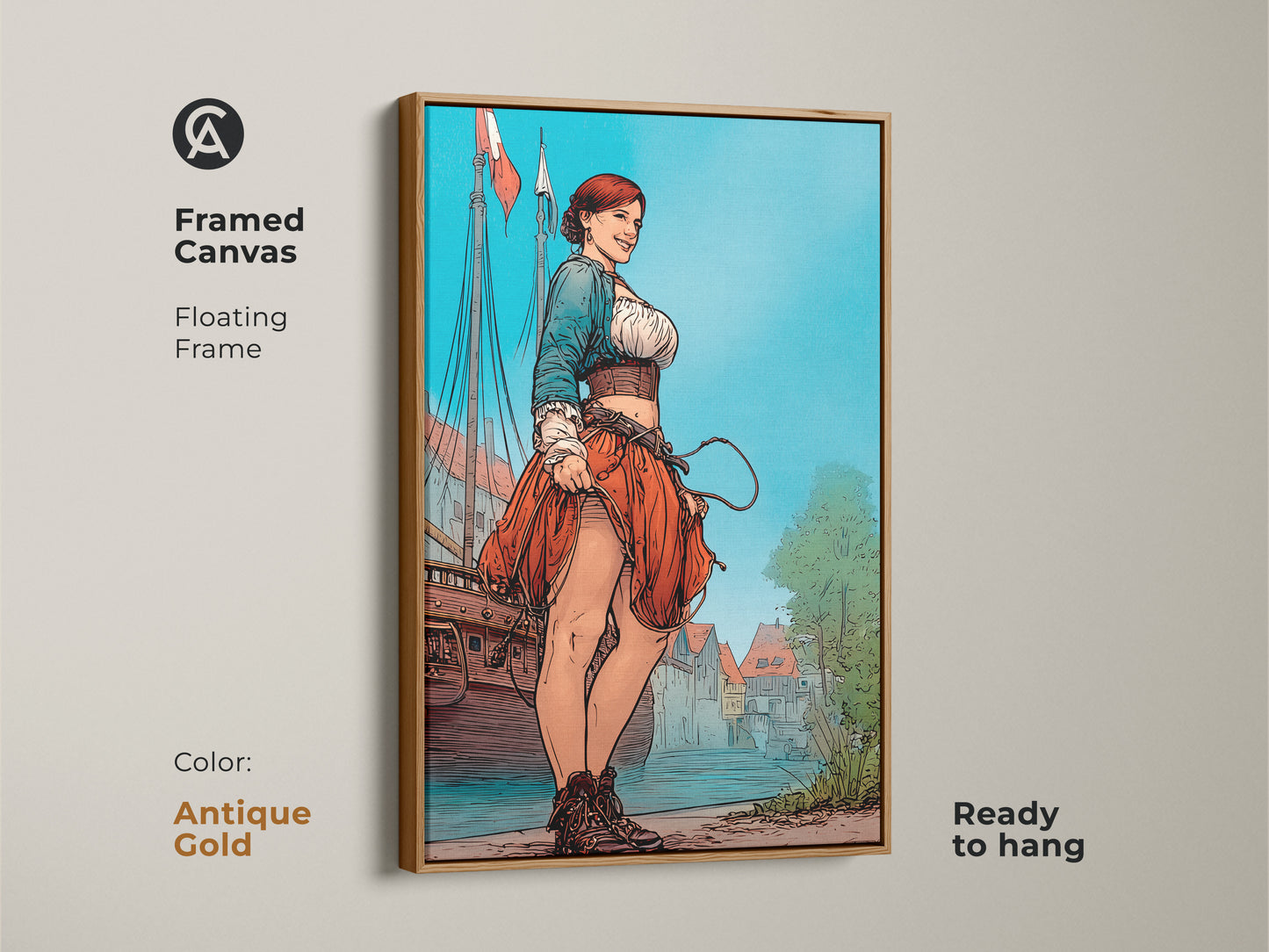 Woman sailor art in an antique gold floating frame canvas. Colorful character portrait perfect for storytelling artwork. This historical fiction gift idea brings adventure and fantasy art. A nautical themed decor piece.