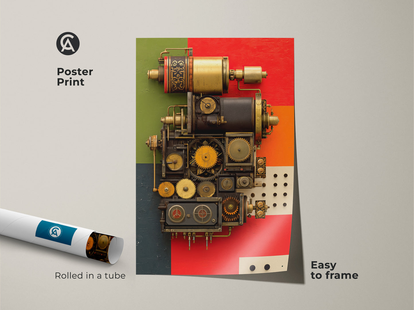 Poster Print of intricate mechanical gears and clockwork elements. Bold Steampunk and industrial art styles shown rolled in a tube. The artwork has red gold and orange accents. Easy to frame makes it perfect office wall art or a housewarming gift for engineers.