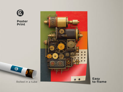 Poster Print of intricate mechanical gears and clockwork elements. Bold Steampunk and industrial art styles shown rolled in a tube. The artwork has red gold and orange accents. Easy to frame makes it perfect office wall art or a housewarming gift for engineers.