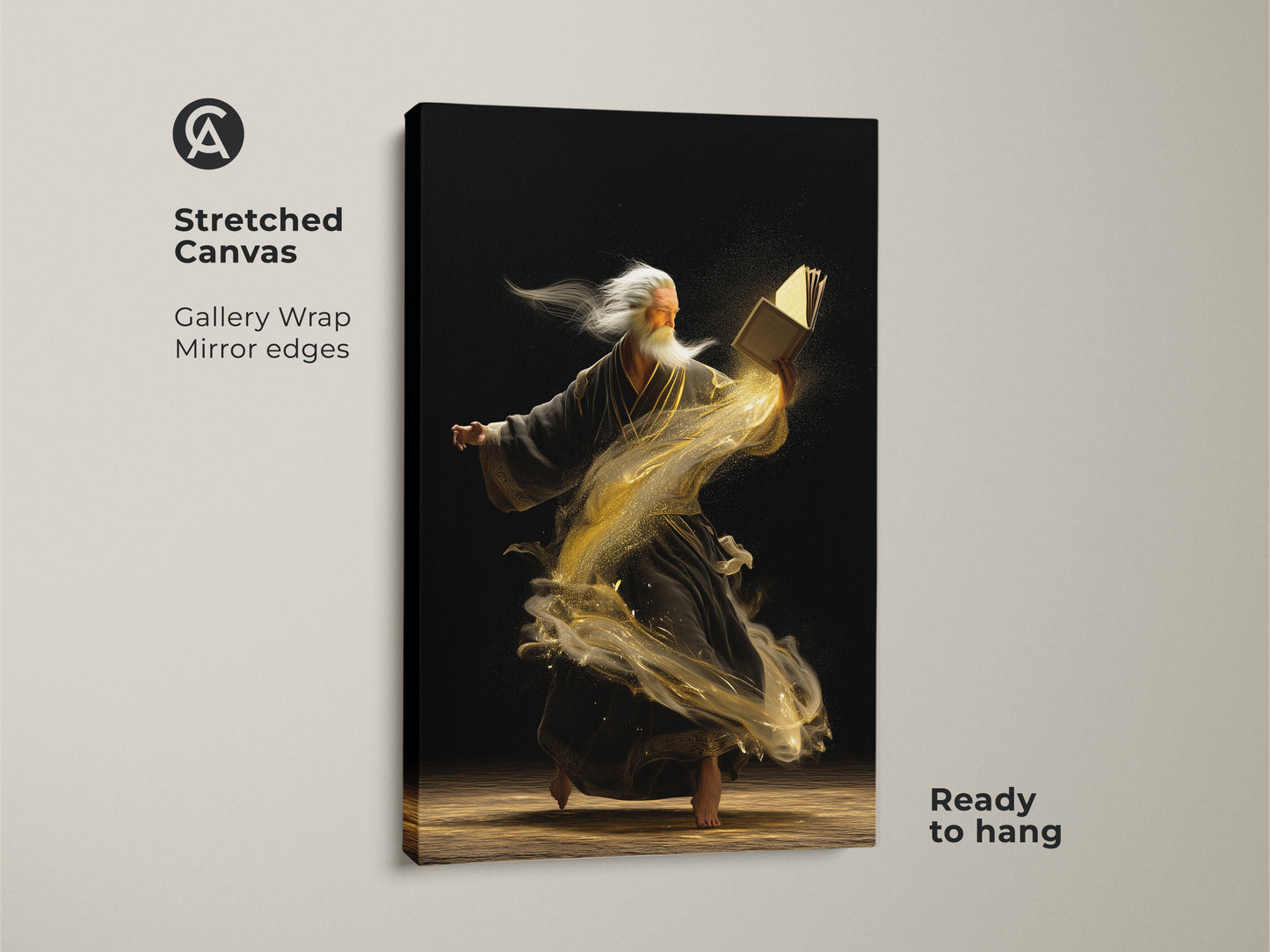 A gallery wrapped stretched canvas print shows an old man reading a magic book. The art has mirror edges and is ready to hang. Swirling gold dust adds a surreal touch to this fantasy artwork.