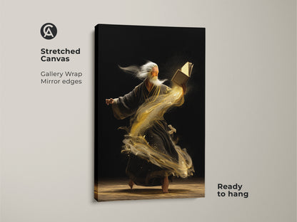 A gallery wrapped stretched canvas print shows an old man reading a magic book. The art has mirror edges and is ready to hang. Swirling gold dust adds a surreal touch to this fantasy artwork.