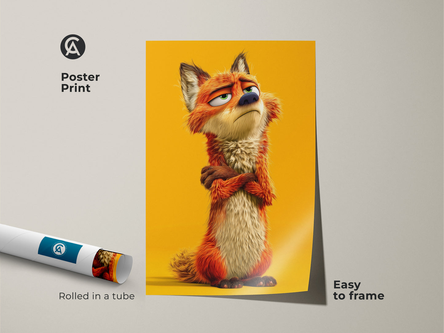 Poster print of a funny cartoon fox. The whimsical fox art is easy to frame. The eclectic animal decor is rolled in a tube for protection. This orange yellow art print is great for a child's birthday gift.