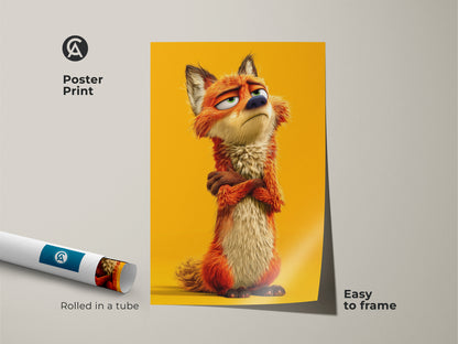 Poster print of a funny cartoon fox. The whimsical fox art is easy to frame. The eclectic animal decor is rolled in a tube for protection. This orange yellow art print is great for a child's birthday gift.