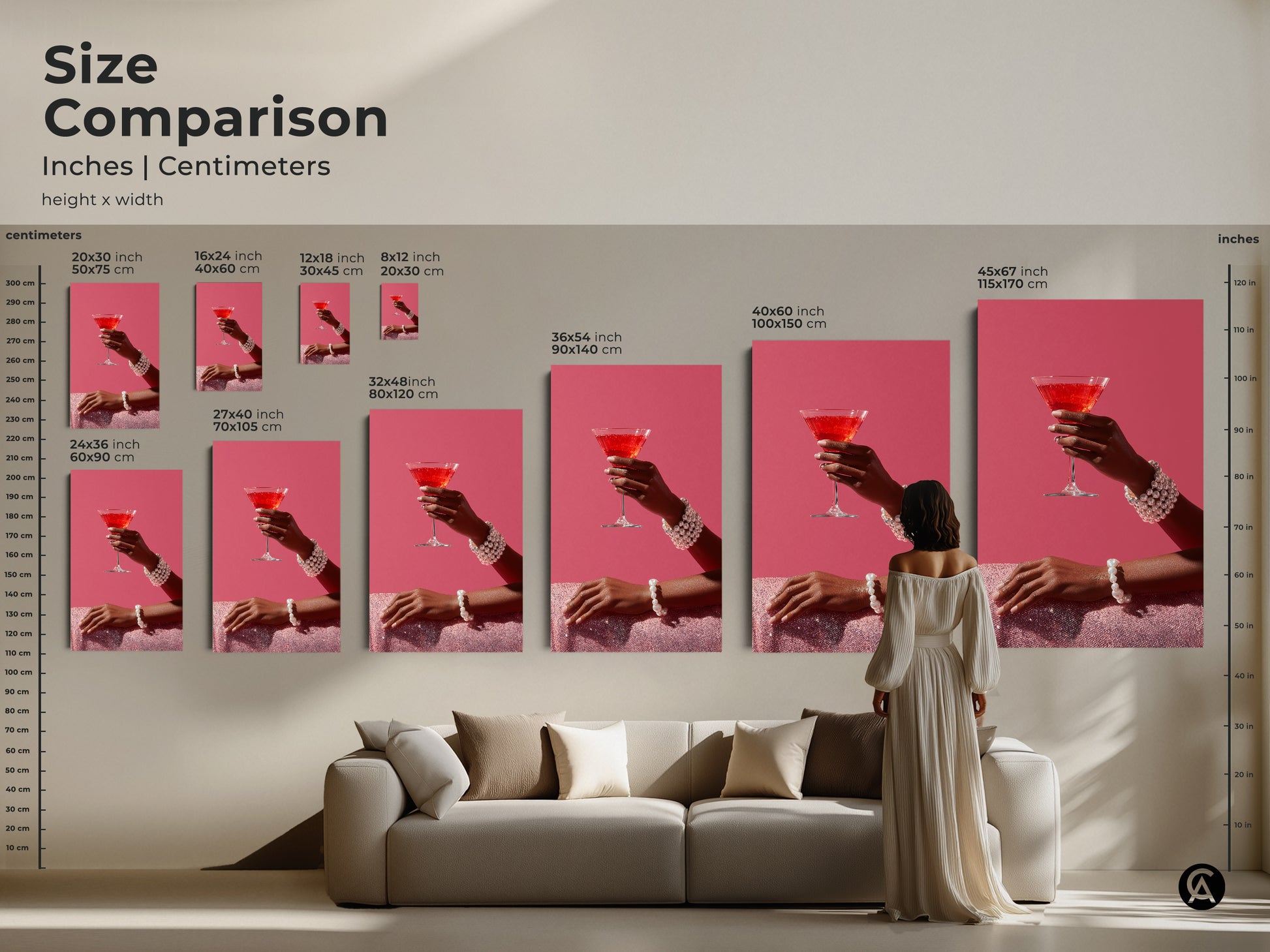 Compare sizes of this chic pink martini art. See how it fits in different spaces with this size comparison. The artwork features a hand with a pearl bracelet. This contemporary cocktail decor adds a touch of glam to any room. Perfect for a stylish home bar.