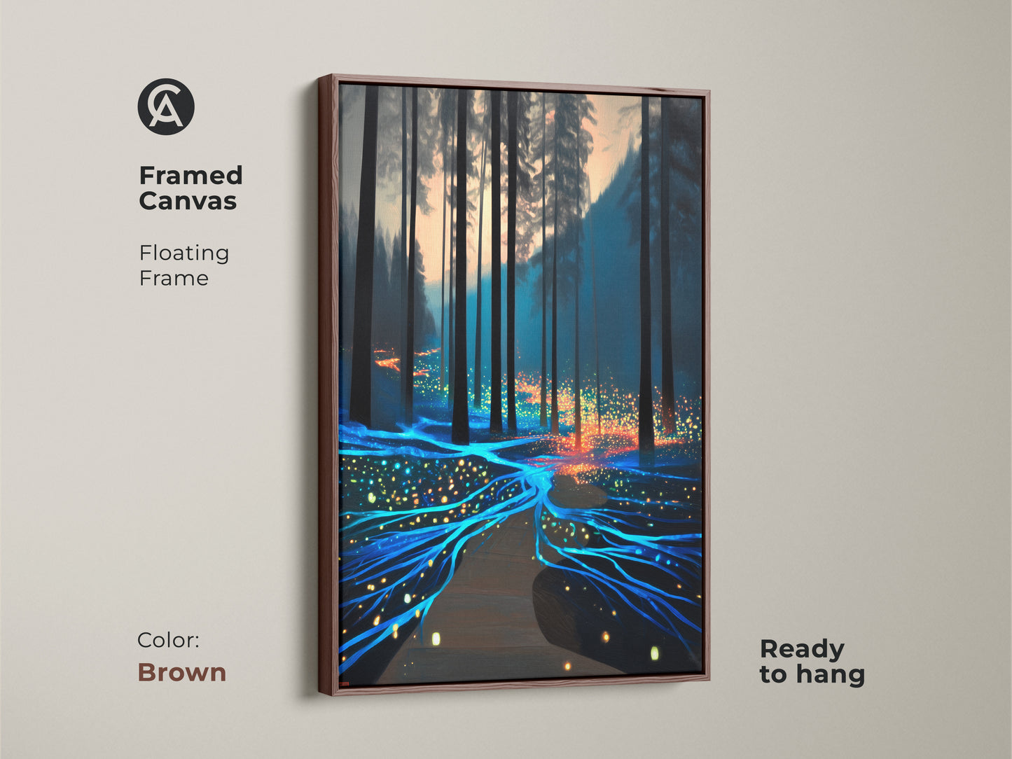 Surreal forest artwork on framed canvas features a floating brown frame. The fantasy nature scene includes a luminous teal and orange path. Perfect housewarming gift idea ready for wall decor.