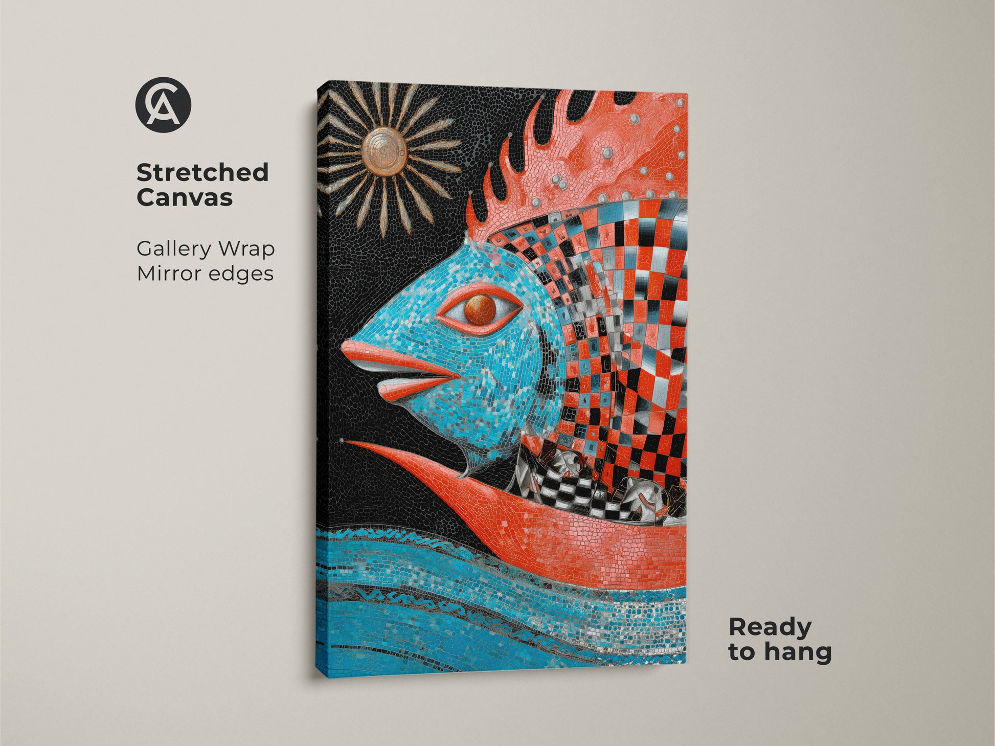 This surreal fish canvas adds an artistic touch to any space. The gallery-wrapped edges offer a clean modern look. The teal blue and red mosaic fish is ready to hang. This Fantasy fish print makes a statement.