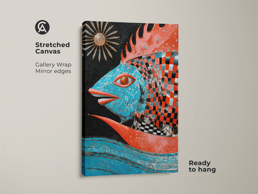 This surreal fish canvas adds an artistic touch to any space. The gallery-wrapped edges offer a clean modern look. The teal blue and red mosaic fish is ready to hang. This Fantasy fish print makes a statement.