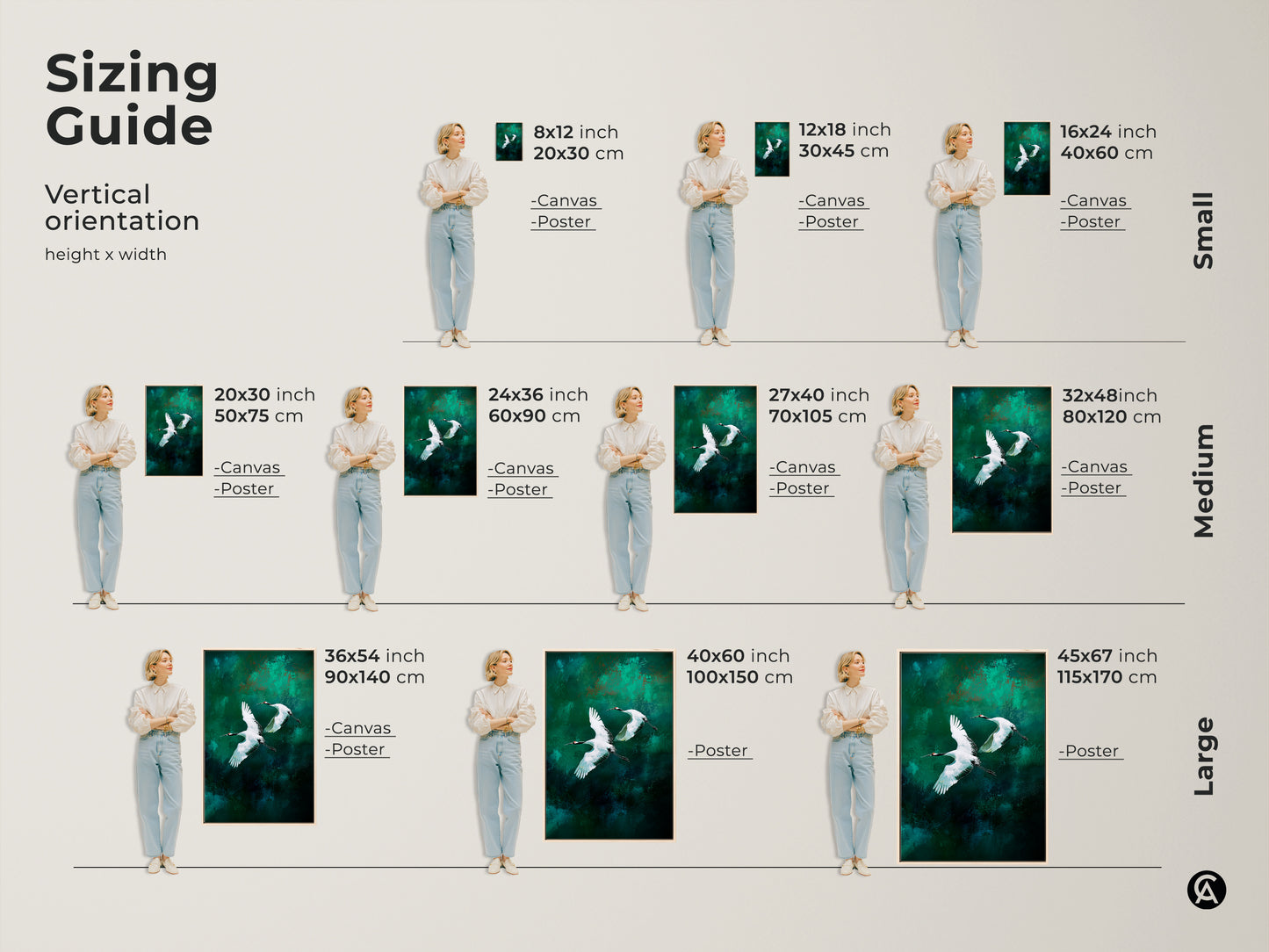 Find the perfect size of flying birds canvas print for your space. The sizing guide shows the teal abstract bird art in various dimensions. Transform your bedroom or office with this modern nature artwork.