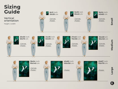 Find the perfect size of flying birds canvas print for your space. The sizing guide shows the teal abstract bird art in various dimensions. Transform your bedroom or office with this modern nature artwork.