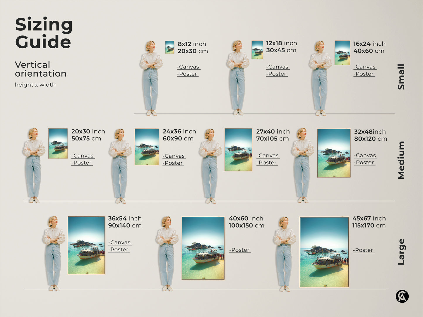 Sizing Guide shows Vertical orientation height x width. Available sizes for Canvas and Poster include small medium and large. Find the perfect fit for your space.