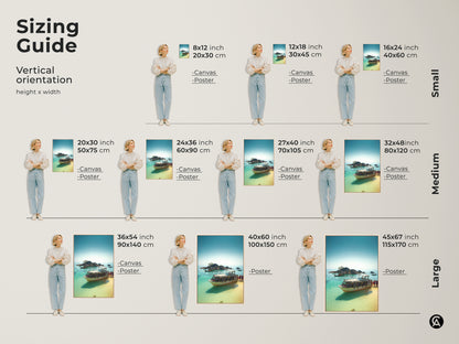 Sizing Guide shows Vertical orientation height x width. Available sizes for Canvas and Poster include small medium and large. Find the perfect fit for your space.