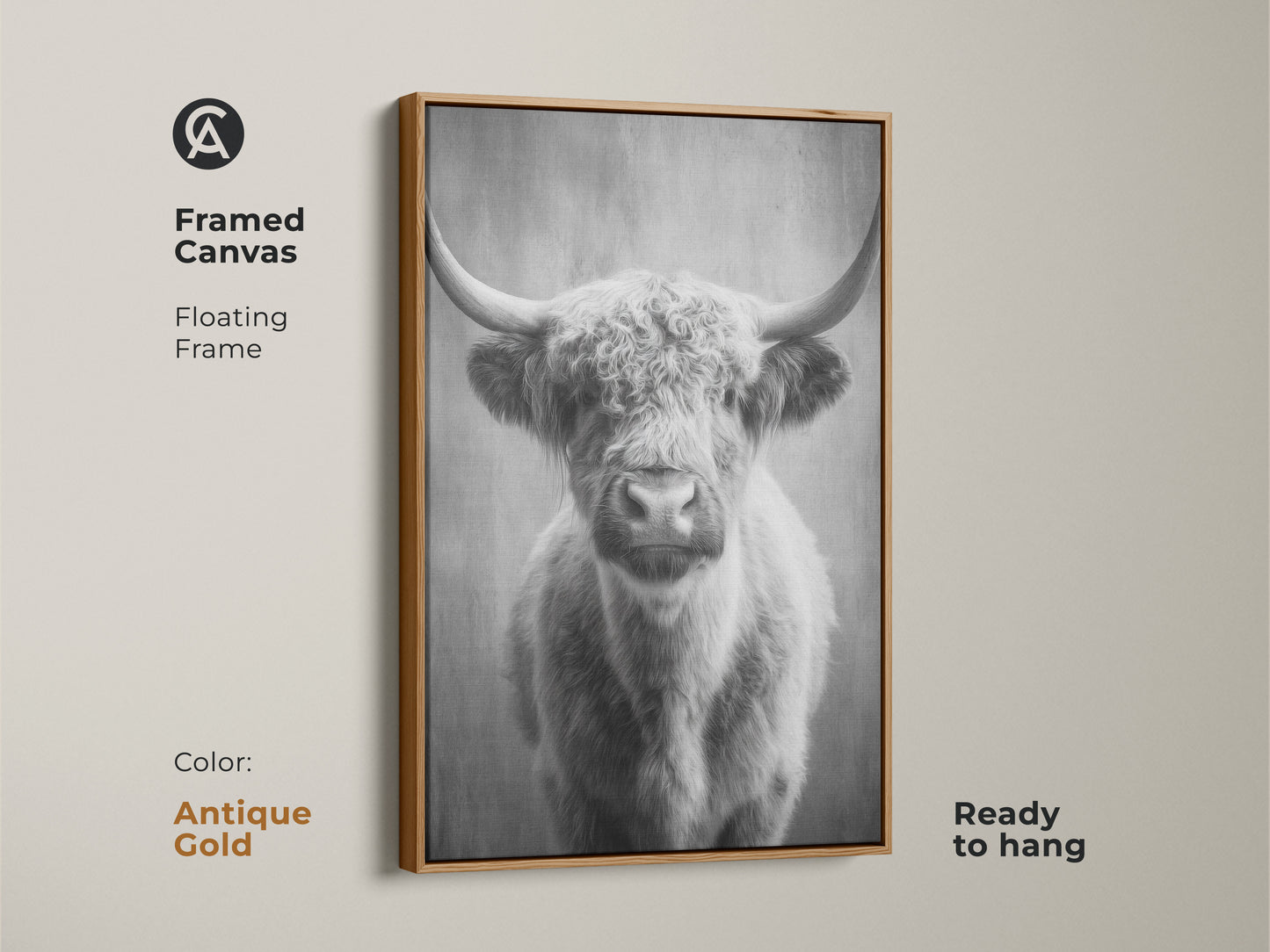 Antique gold framed canvas featuring a monochrome highland cow. The floating frame accentuates the rustic animal artwork. Ready to hang this Scottish cattle canvas art is perfect for entryway wall decor. A neutral wall art piece.