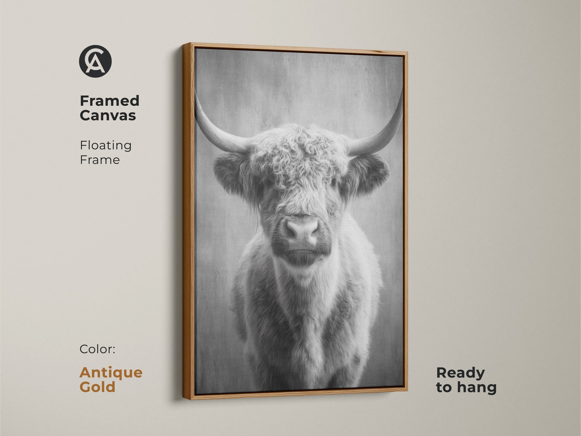 Antique gold framed canvas featuring a monochrome highland cow. The floating frame accentuates the rustic animal artwork. Ready to hang this Scottish cattle canvas art is perfect for entryway wall decor. A neutral wall art piece.