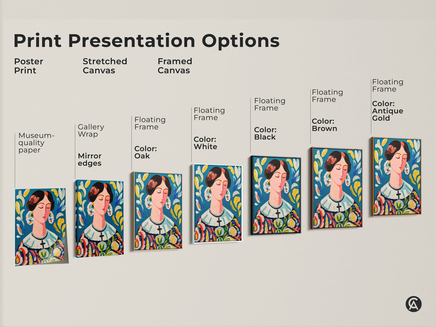 Explore print presentation options for this exquisite woman portrait artwork. Choose from poster prints stretched canvas and framed canvas. Find the perfect medium to showcase this elegant colorful lady in your space.