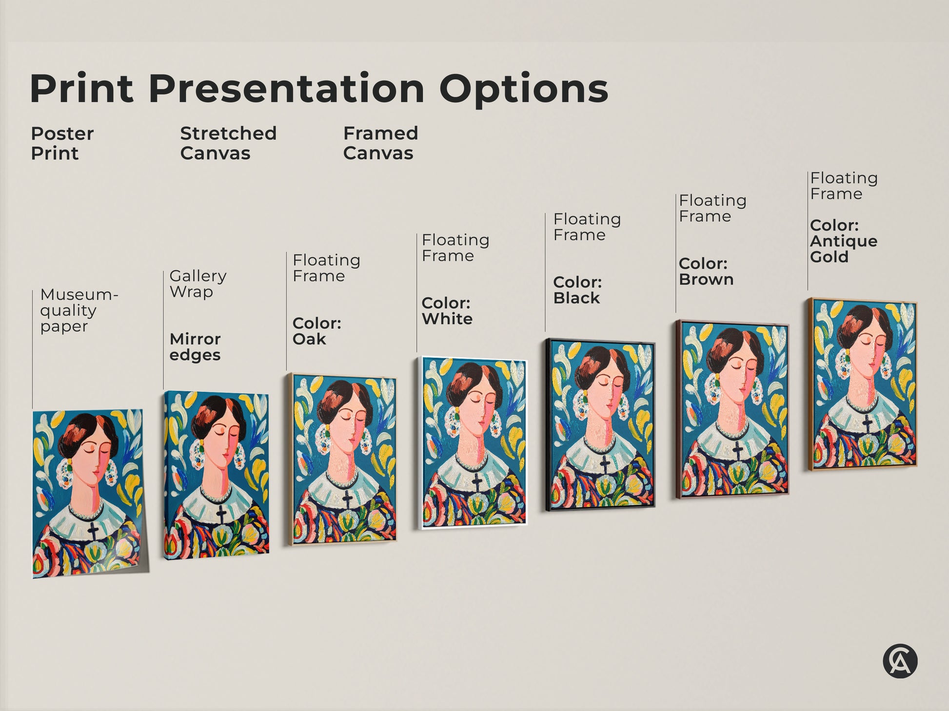 Explore print presentation options for this exquisite woman portrait artwork. Choose from poster prints stretched canvas and framed canvas. Find the perfect medium to showcase this elegant colorful lady in your space.