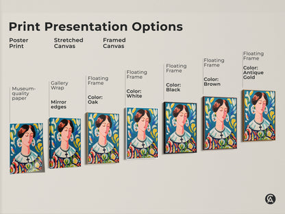 Explore print presentation options for this exquisite woman portrait artwork. Choose from poster prints stretched canvas and framed canvas. Find the perfect medium to showcase this elegant colorful lady in your space.