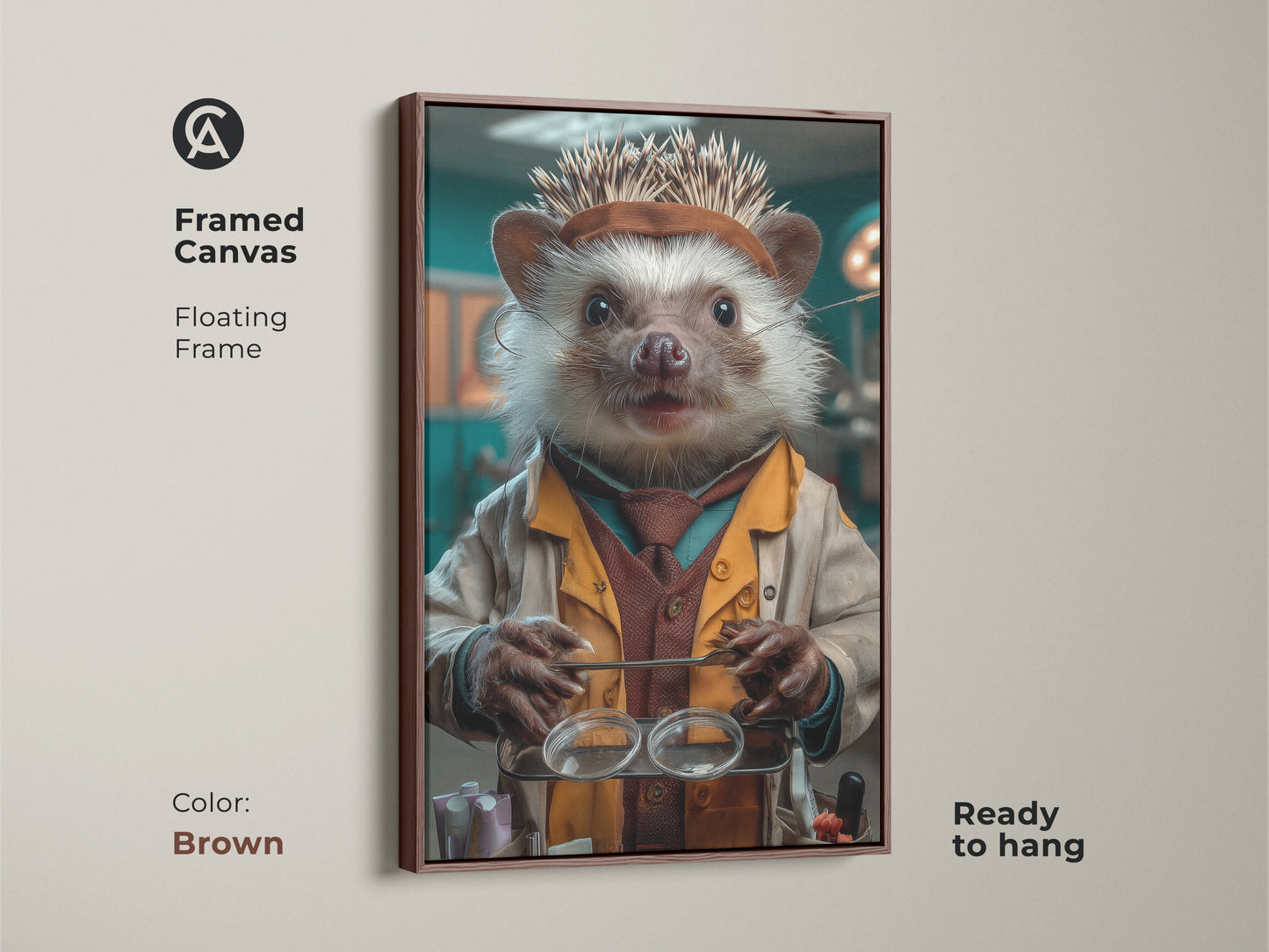 Framed canvas featuring the Science Hedgehog Canvas Art. The animal doctor print has a floating brown frame ready to hang. This tan & teal eclectic wall decor is a wonderful gift for veterinarians. The artwork blends a playful surreal style with scientific themes. The animal in a lab coat makes a great gift.