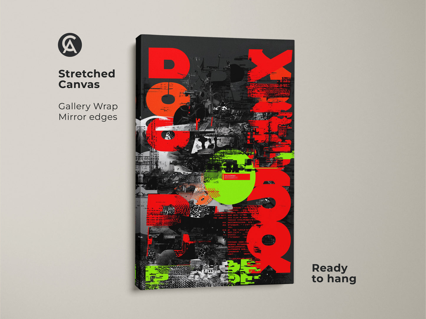Stretched Canvas of Red Neon Green Abstract Glitch Art. This urban typography wall art is ideal for industrial office decor. The geometric shapes create a modern collage artwork. It is ready to hang with mirror edges. This unique art print is a perfect gift for graphic enthusiasts. Elevate your space with this striking canvas art.
