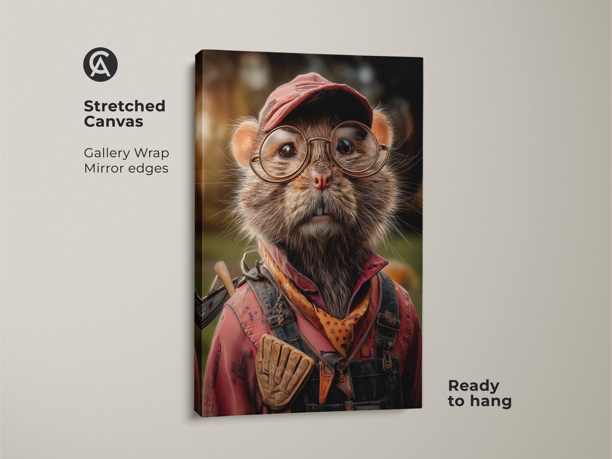 A stretched canvas shows a cute mouse wall art print. This whimsical animal art is perfect for any room. The art is a perfect outdoorsman gift idea. This unique animal art is ready to hang and enjoy. The gallery wrapped canvas is great for rustic home decor art.