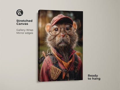 A stretched canvas shows a cute mouse wall art print. This whimsical animal art is perfect for any room. The art is a perfect outdoorsman gift idea. This unique animal art is ready to hang and enjoy. The gallery wrapped canvas is great for rustic home decor art.