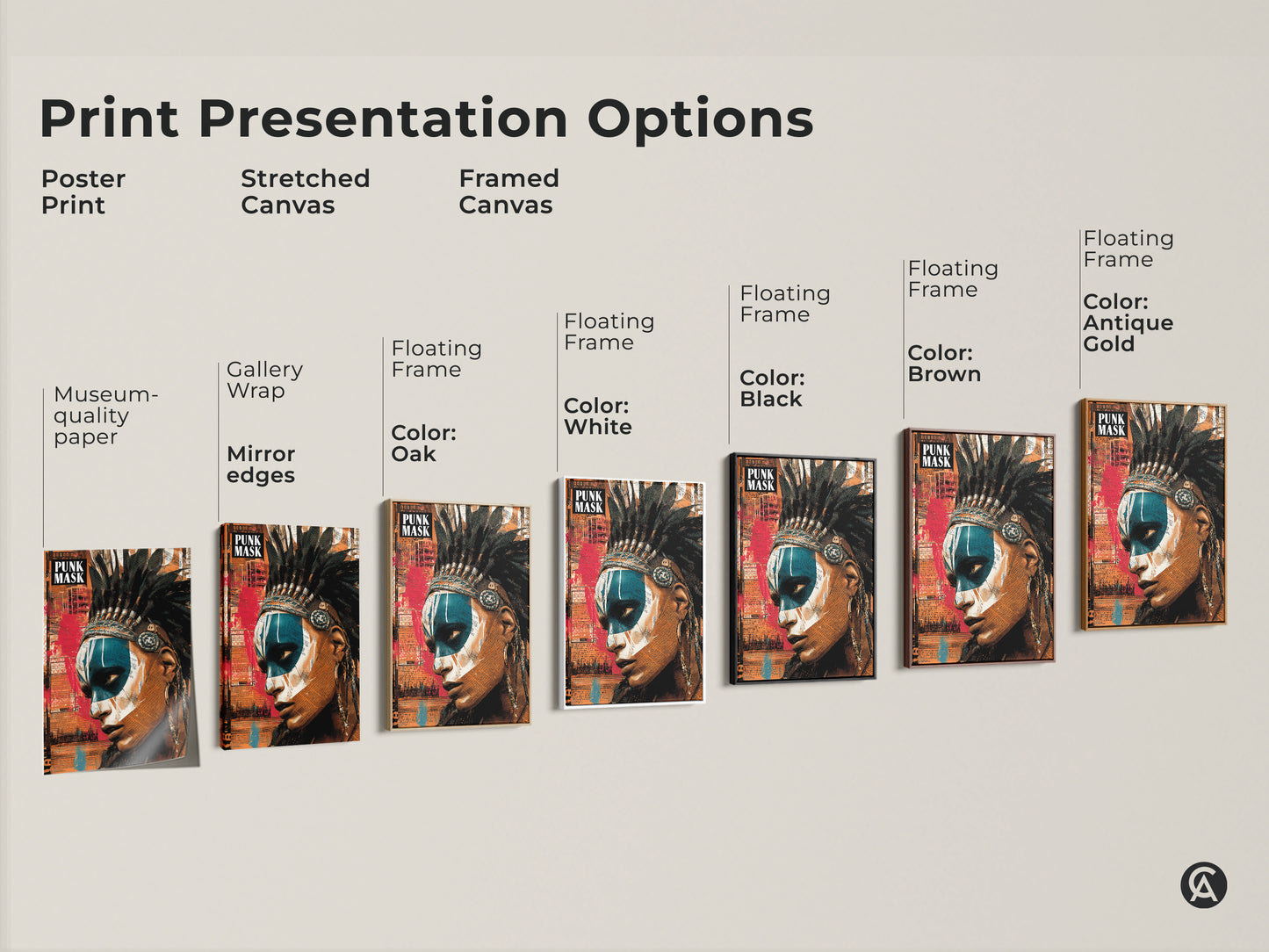 Print presentation options including a poster print stretched canvas framed canvas. The artwork merges a powerful portrait with collage elements and a feather headdress. Teal and Orange colors standout. It adds a bold statement to any room. A unique birthday gift for art lovers.