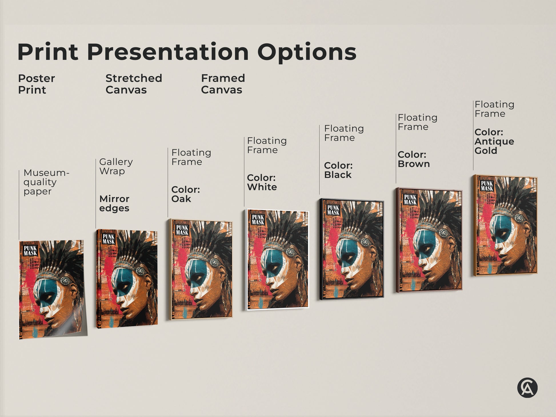 Print presentation options including a poster print stretched canvas framed canvas. The artwork merges a powerful portrait with collage elements and a feather headdress. Teal and Orange colors standout. It adds a bold statement to any room. A unique birthday gift for art lovers.