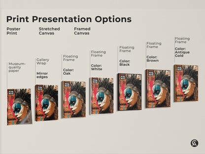 Print presentation options including a poster print stretched canvas framed canvas. The artwork merges a powerful portrait with collage elements and a feather headdress. Teal and Orange colors standout. It adds a bold statement to any room. A unique birthday gift for art lovers.