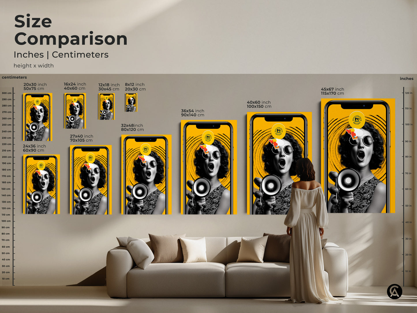 Size comparison showcasing a retro pop artwork with a woman holding a megaphone. See how the sizes look above a couch. Various dimensions ensure a perfect fit. This statement piece adds retro style and activist art. This is ideal for any room.