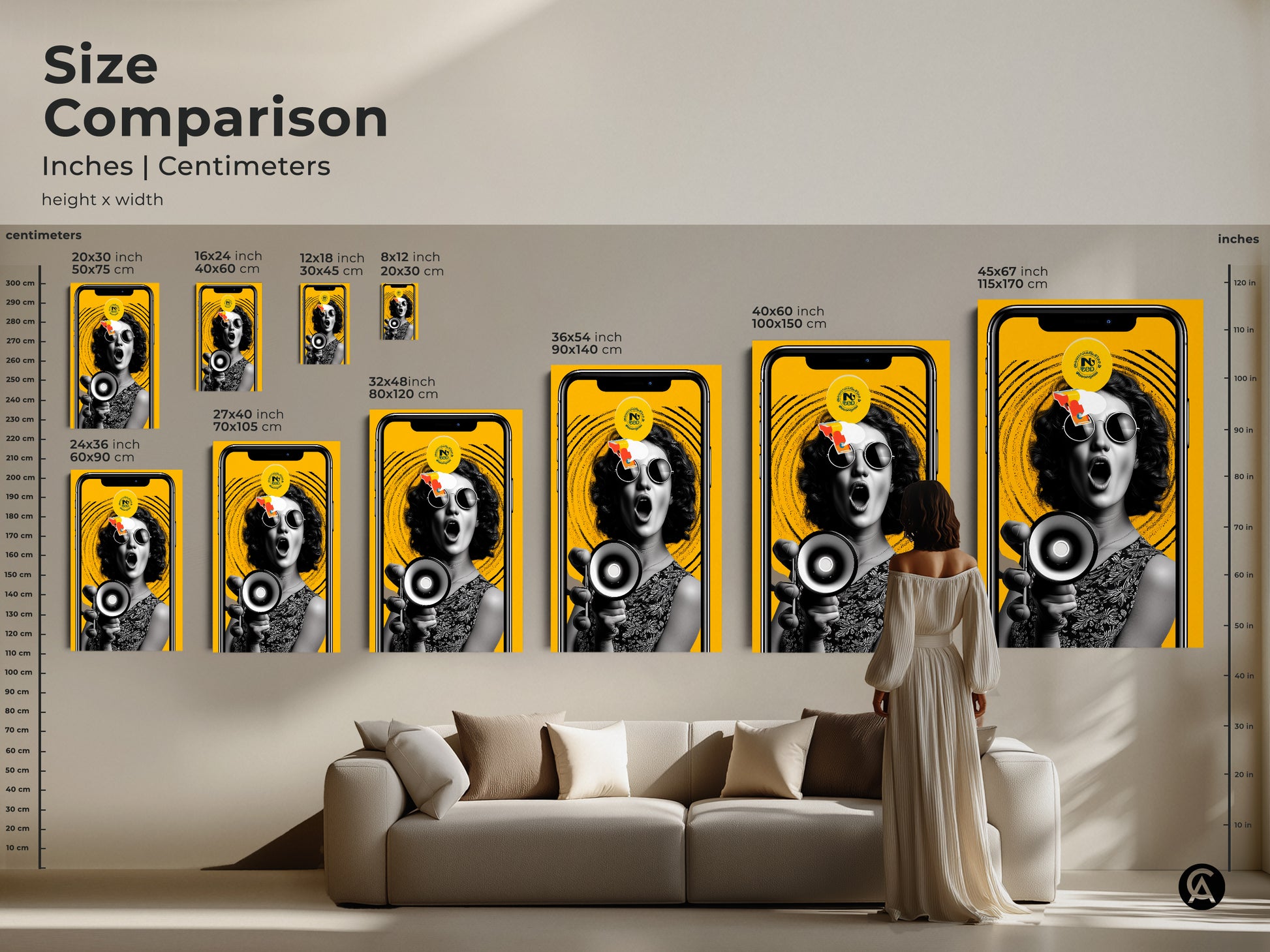 Size comparison showcasing a retro pop artwork with a woman holding a megaphone. See how the sizes look above a couch. Various dimensions ensure a perfect fit. This statement piece adds retro style and activist art. This is ideal for any room.