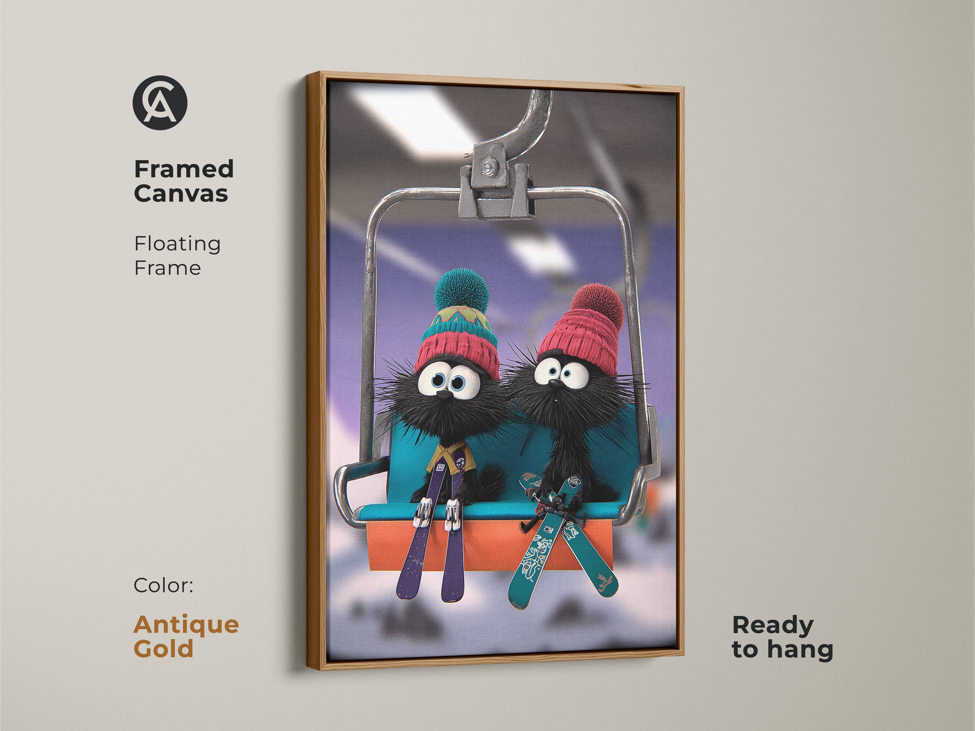 Cartoon furballs on a ski lift framed in antique gold. This framed canvas art print is ready to hang. The winter animal wall art is perfect for kids' rooms. The blue and teal aesthetic complements the funny skiing characters. This wall art brings a touch of fun to any eclectic space.