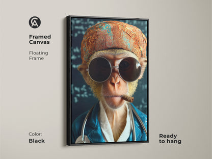 Framed Canvas with a floating frame showcasing the monkey doctor art. This surreal animal print features a monkey with a stethoscope and sunglasses. Ready to hang and perfect for eclectic wall decor this artwork adds a touch of humor.