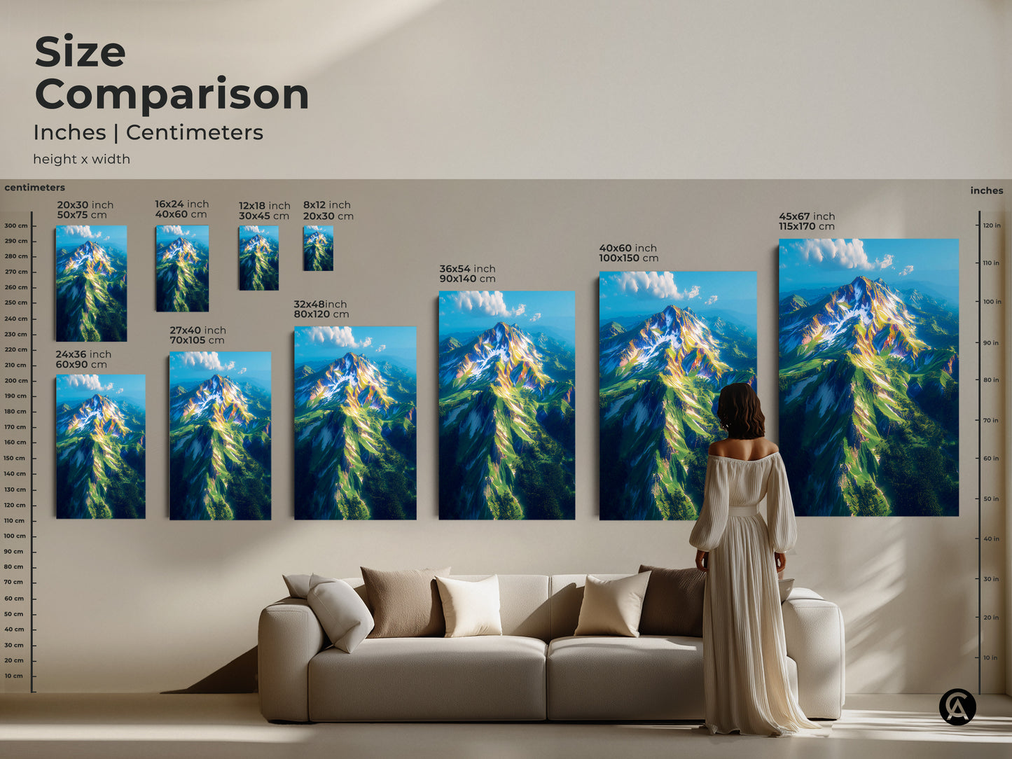 Size comparison of mountain landscape artwork in inches and centimeters. See how different sizes fit above a couch. Available in various dimensions to suit your space. Choose from canvas or poster prints. Find the perfect artwork to enhance your home decor today.
