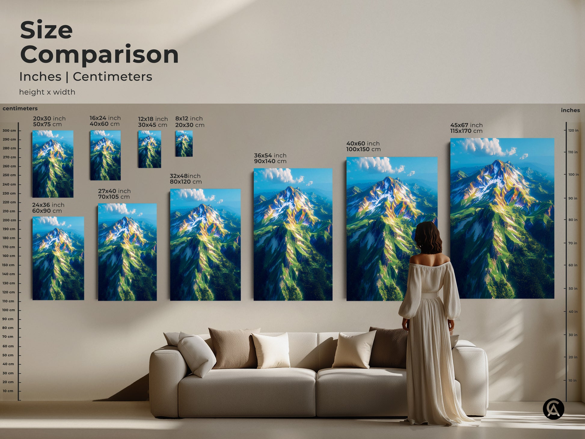 Size comparison of mountain landscape artwork in inches and centimeters. See how different sizes fit above a couch. Available in various dimensions to suit your space. Choose from canvas or poster prints. Find the perfect artwork to enhance your home decor today.