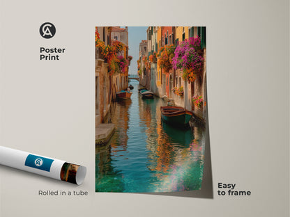 Easy to frame Venice canal art print. A poster of an Italian cityscape with romantic boats. Abundant flowers add beauty. Rolled in a tube for safe shipping. Perfect travel-inspired decor.
