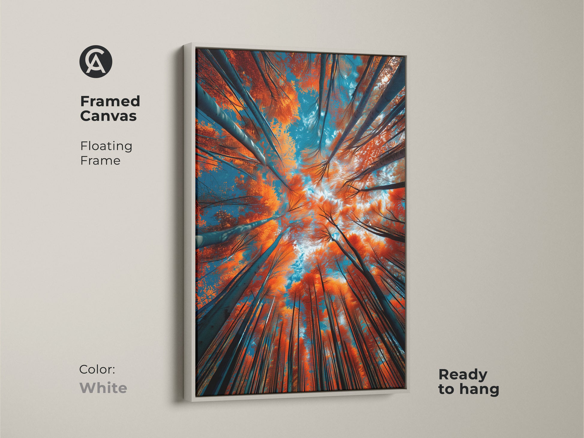 A framed canvas artwork with a white floating frame. The art displays tall trees. The orange leaves and blue sky stand out. This ready-to-hang piece brings a fresh look to your walls. Perfect for modern homes. Buy it today
