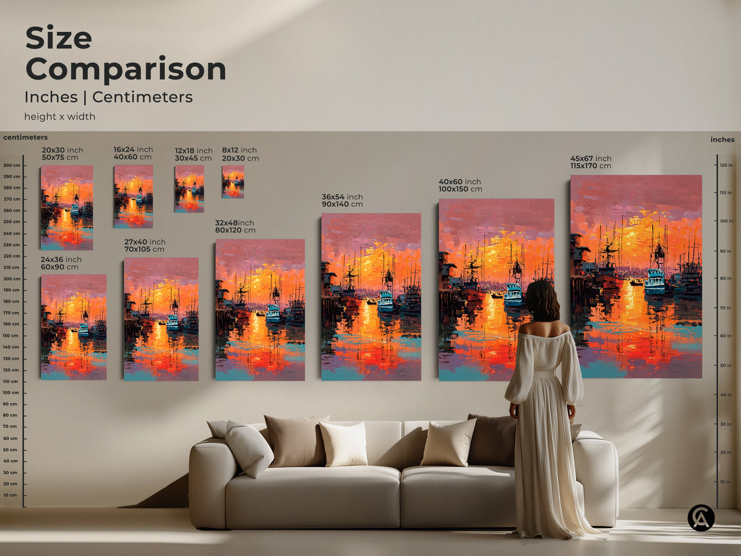Compare sizes of this stunning harbor sunset artwork available in various dimensions. See how each canvas and poster print fits in your space. Enliven your home with this beautiful marine art today. Choose the perfect size now.