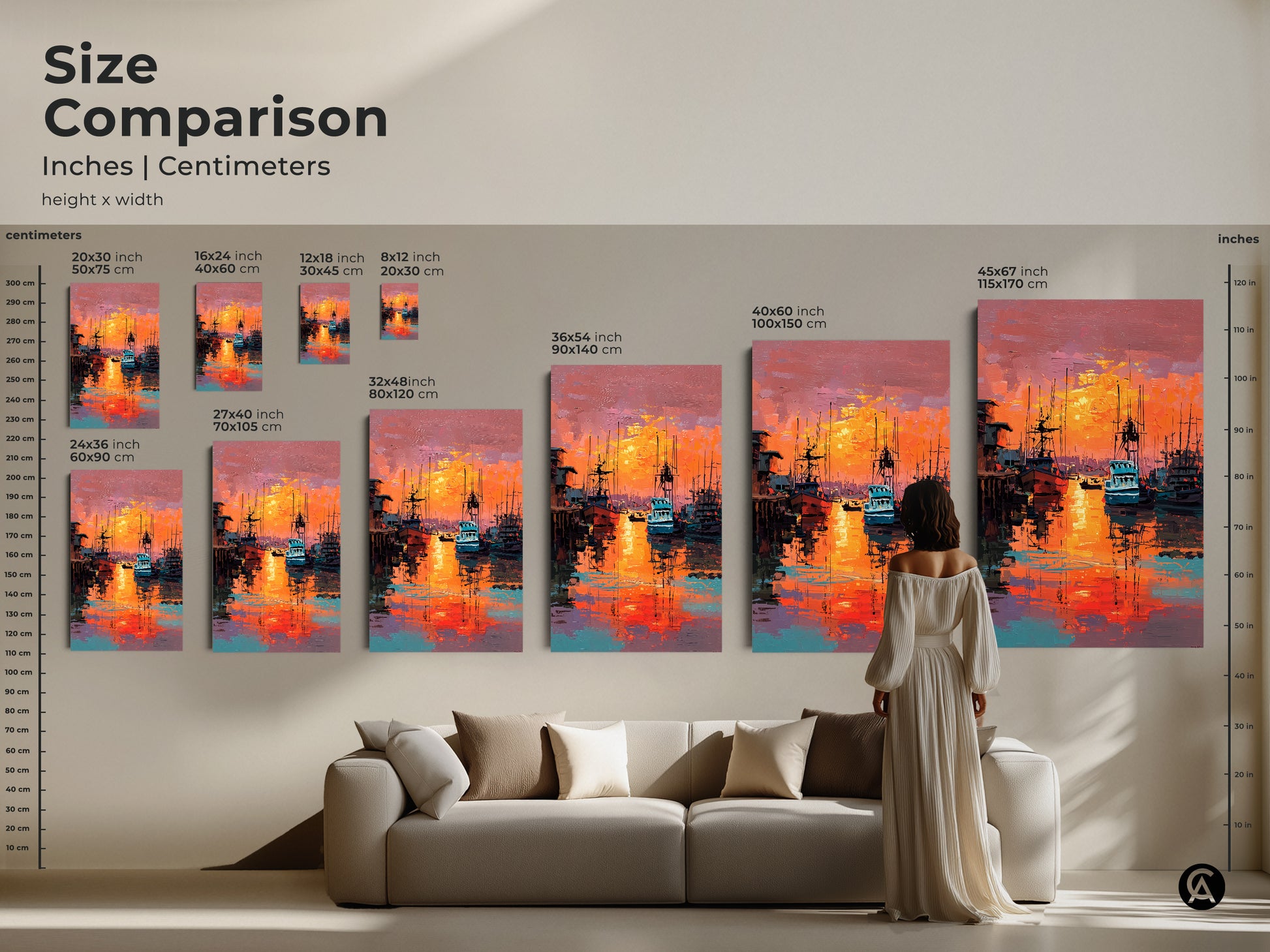 Compare sizes of this stunning harbor sunset artwork available in various dimensions. See how each canvas and poster print fits in your space. Enliven your home with this beautiful marine art today. Choose the perfect size now.