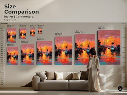 Compare sizes of this stunning harbor sunset artwork available in various dimensions. See how each canvas and poster print fits in your space. Enliven your home with this beautiful marine art today. Choose the perfect size now.