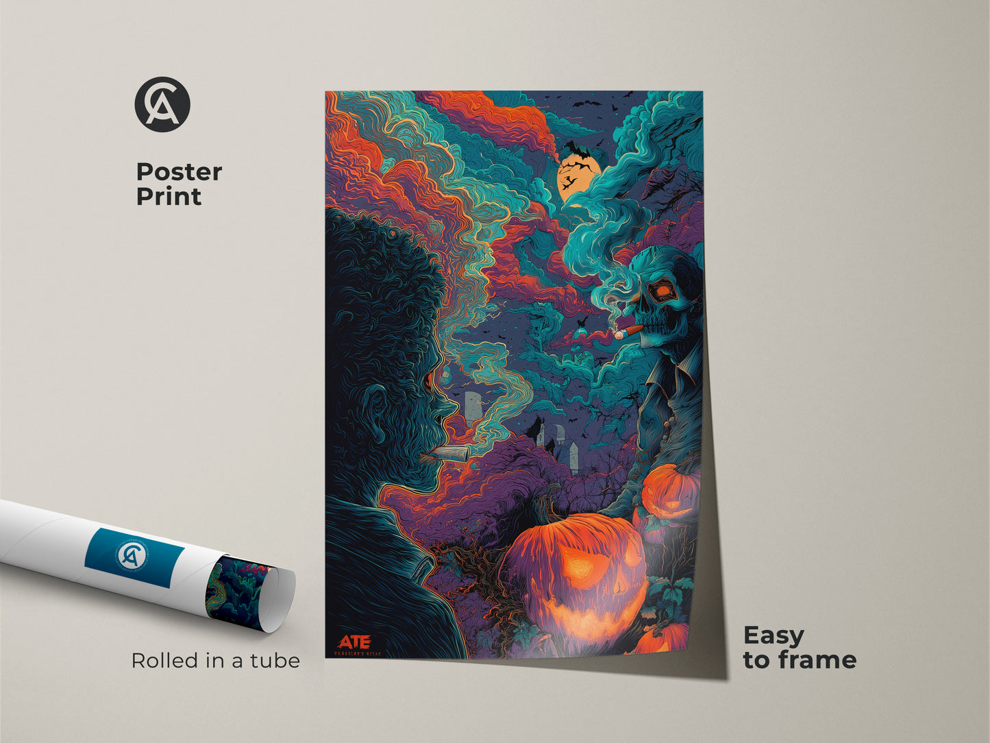 Poster print of Halloween artwork. The art shows a man smoking next to a skeleton with a cigar. Bats fly above jack-o-lanterns and tombstones. This poster is easy to frame rolled in a tube.