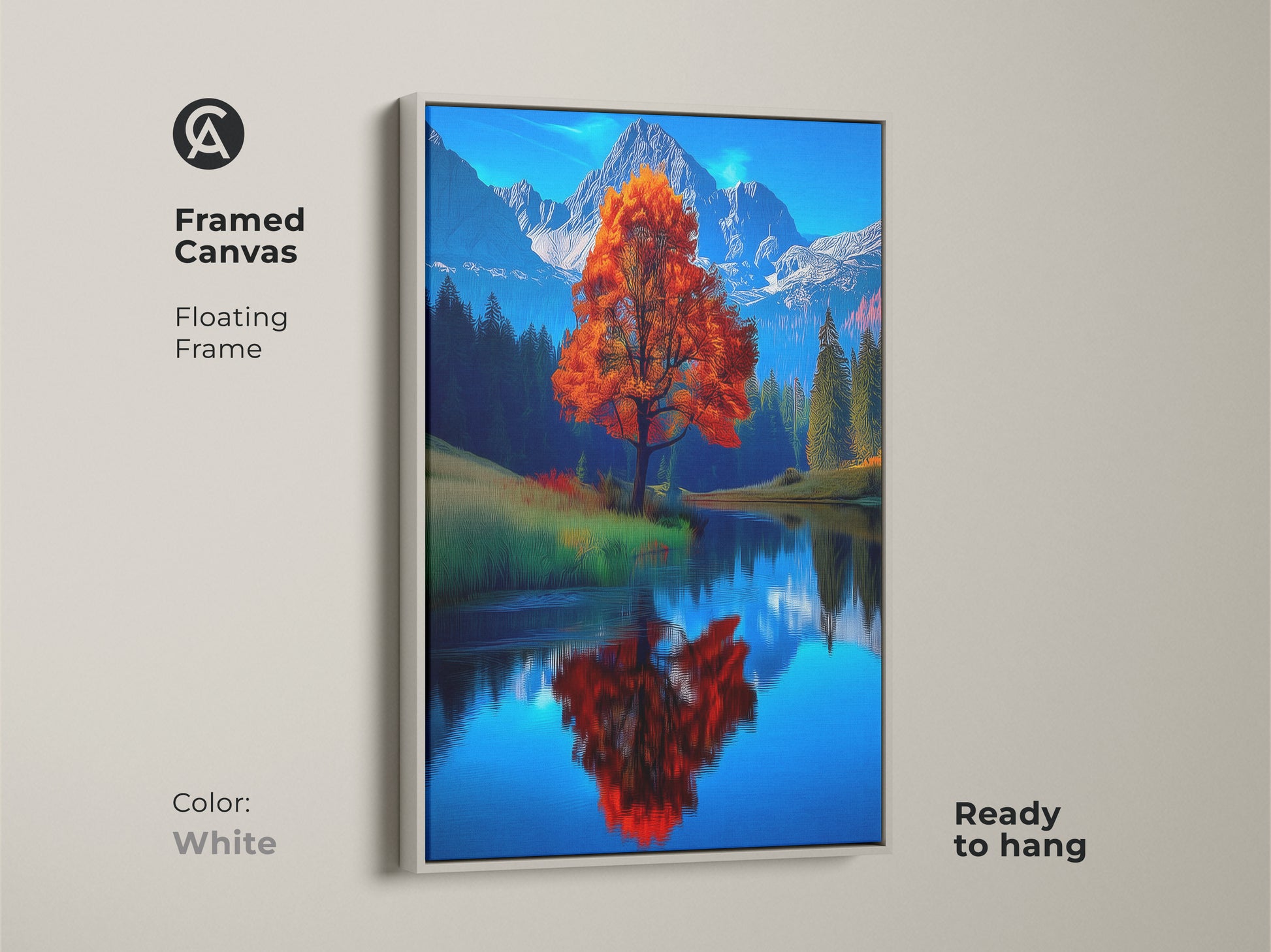 Framed canvas art of a fall landscape featuring an orange tree by a mountain lake. The white floating frame highlights this contemporary nature artwork. This ready-to-hang impressionistic autumn scene adds a fresh touch to any room. Perfect for a modern home or office. A scenic mountain view canvas print and vivid orange tree artwork.