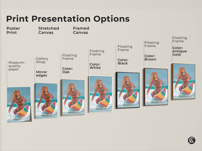 Print Presentation Options: Poster Print Stretched Canvas Framed Canvas with Gallery Wrap Mirror edges. Floating Frame in Black Brown Antique Gold and White. Featuring Coastal Surfer Canvas Print ocean lifestyle photography action sports art for family rooms.