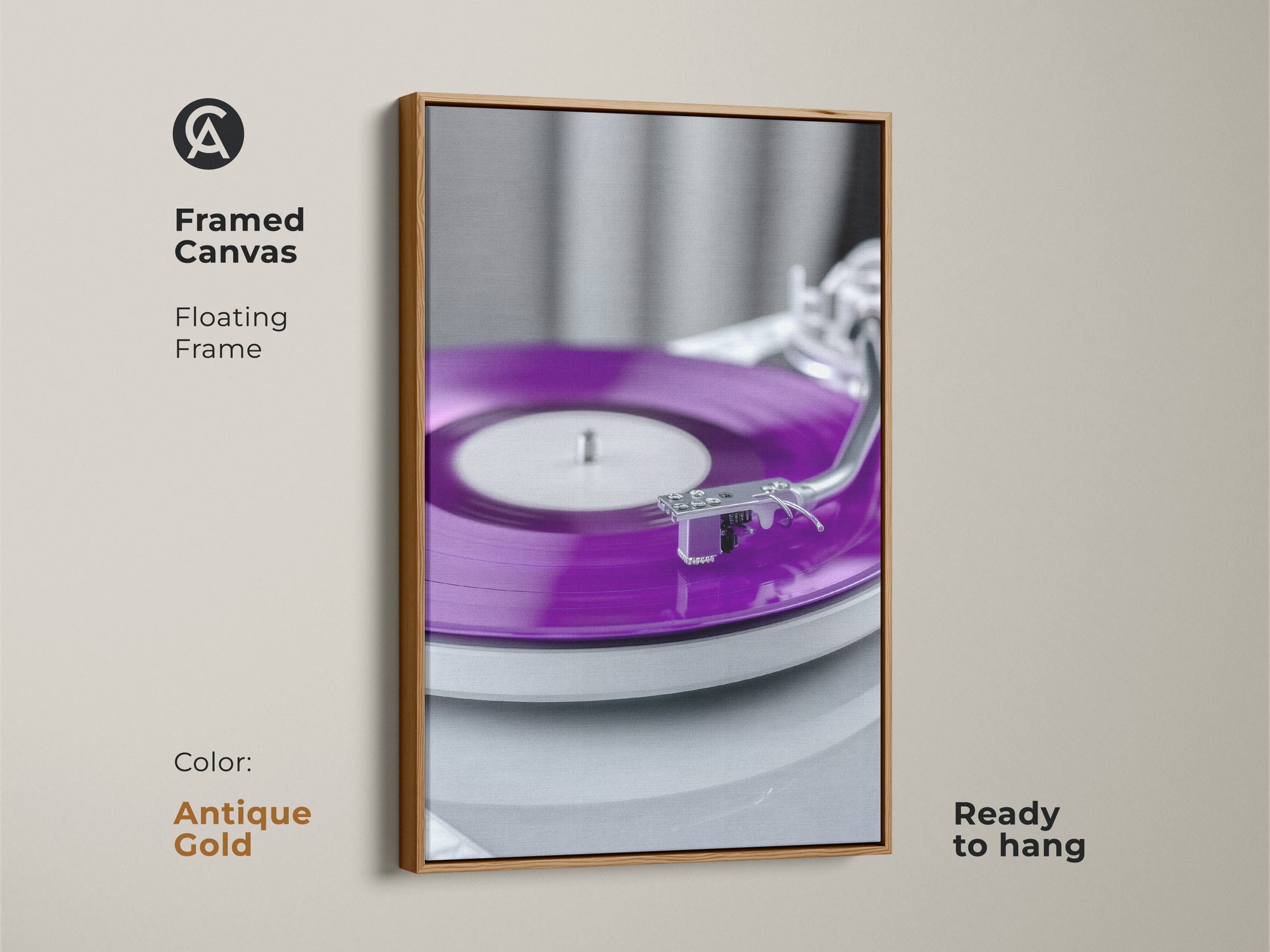 Framed canvas with an antique gold floating frame. The artwork features a purple vinyl record. This turntable canvas print is ready to hang. Perfect for a music studio. It embodies nostalgic music decor.