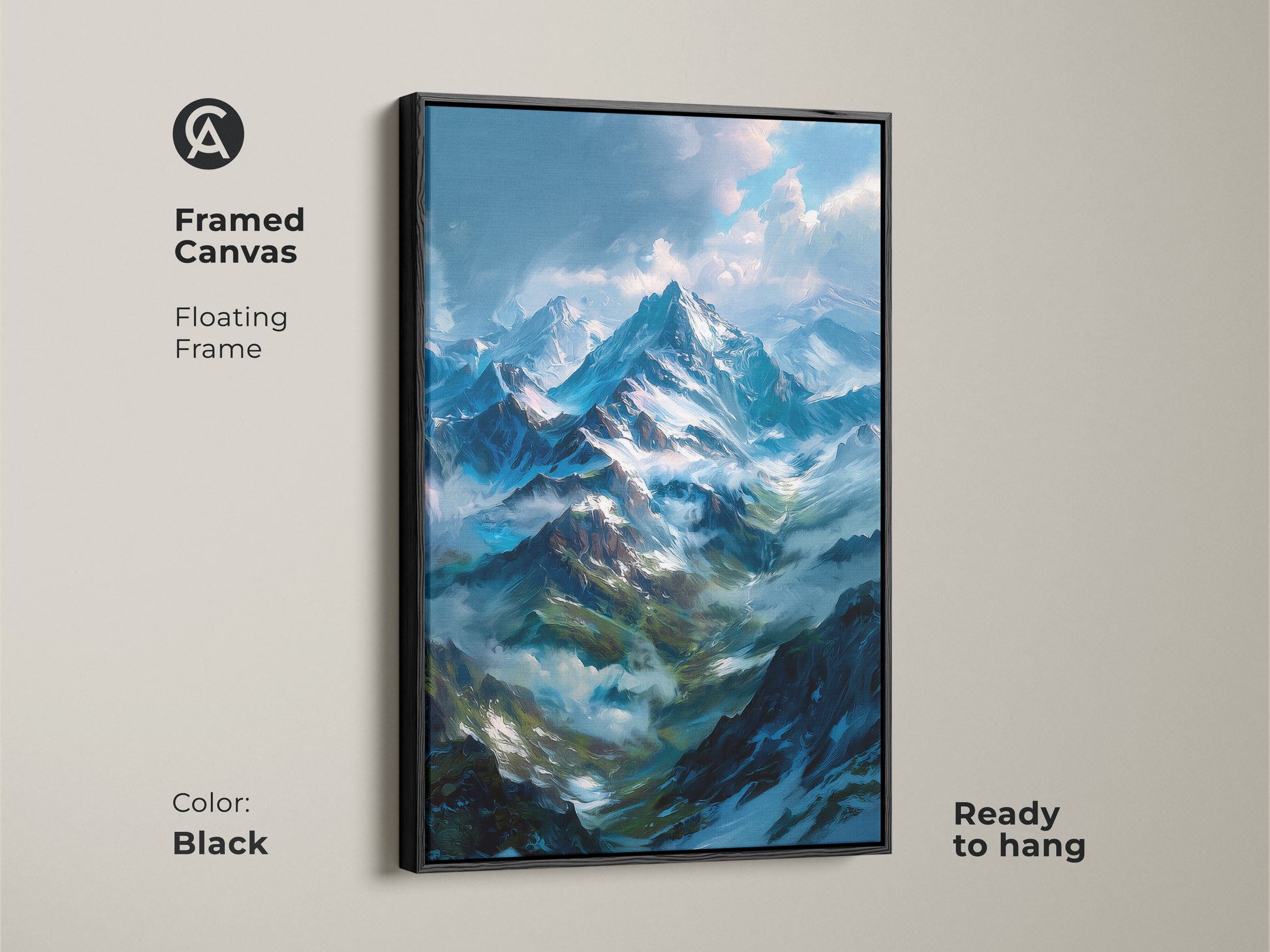 Framed canvas mountain artwork with a black floating frame. The painting features snow-capped mountains and beautiful clouds. This framed art is ready to hang. Enhance your space with mountain artwork.