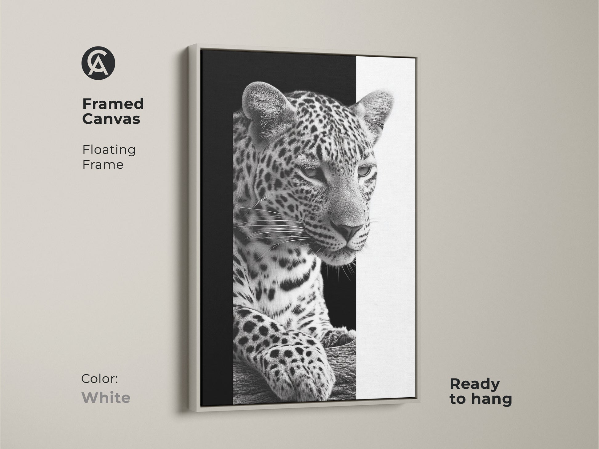 A framed canvas featuring a monochrome leopard. This floating frame comes in white and is ready to hang. A black and white wildlife art piece offering contemporary animal decor. It is ideal as bedroom wall art or living room art. A thoughtful gift for animal lovers to elevate their space.
