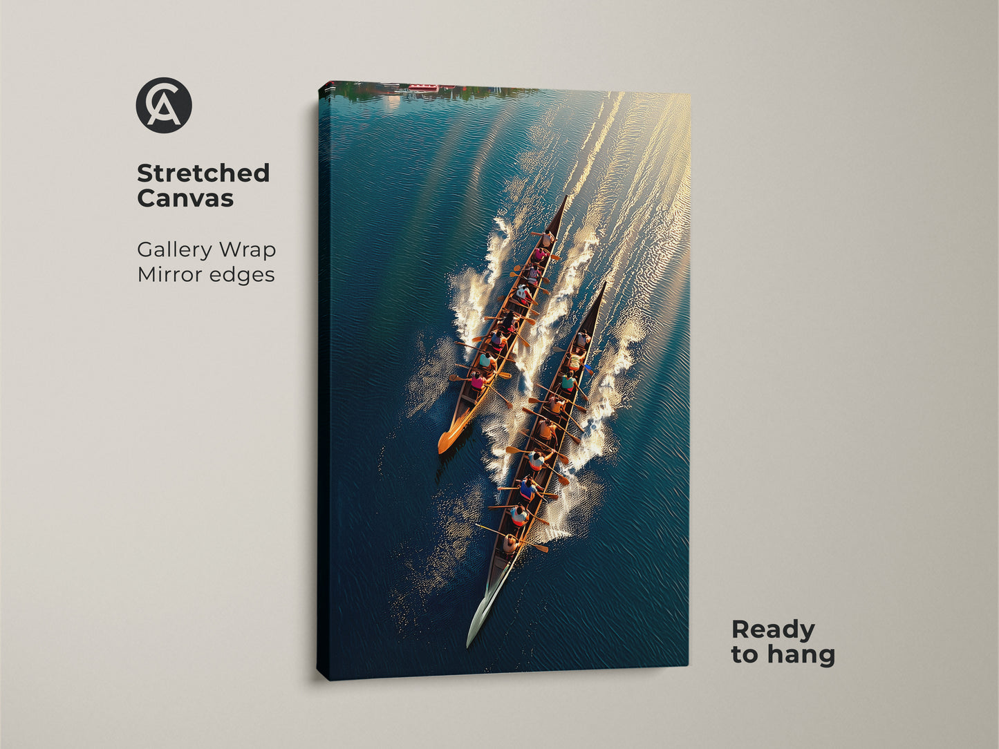 This stretched canvas art features an aerial view of a rowing team. The gallery wrap with mirror edges creates a seamless look. Ready to hang this teal blue and gold sports art. Perfect for office decor. It captures the essence of teamwork and competition.