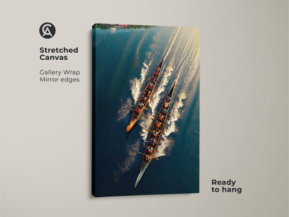 This stretched canvas art features an aerial view of a rowing team. The gallery wrap with mirror edges creates a seamless look. Ready to hang this teal blue and gold sports art. Perfect for office decor. It captures the essence of teamwork and competition.