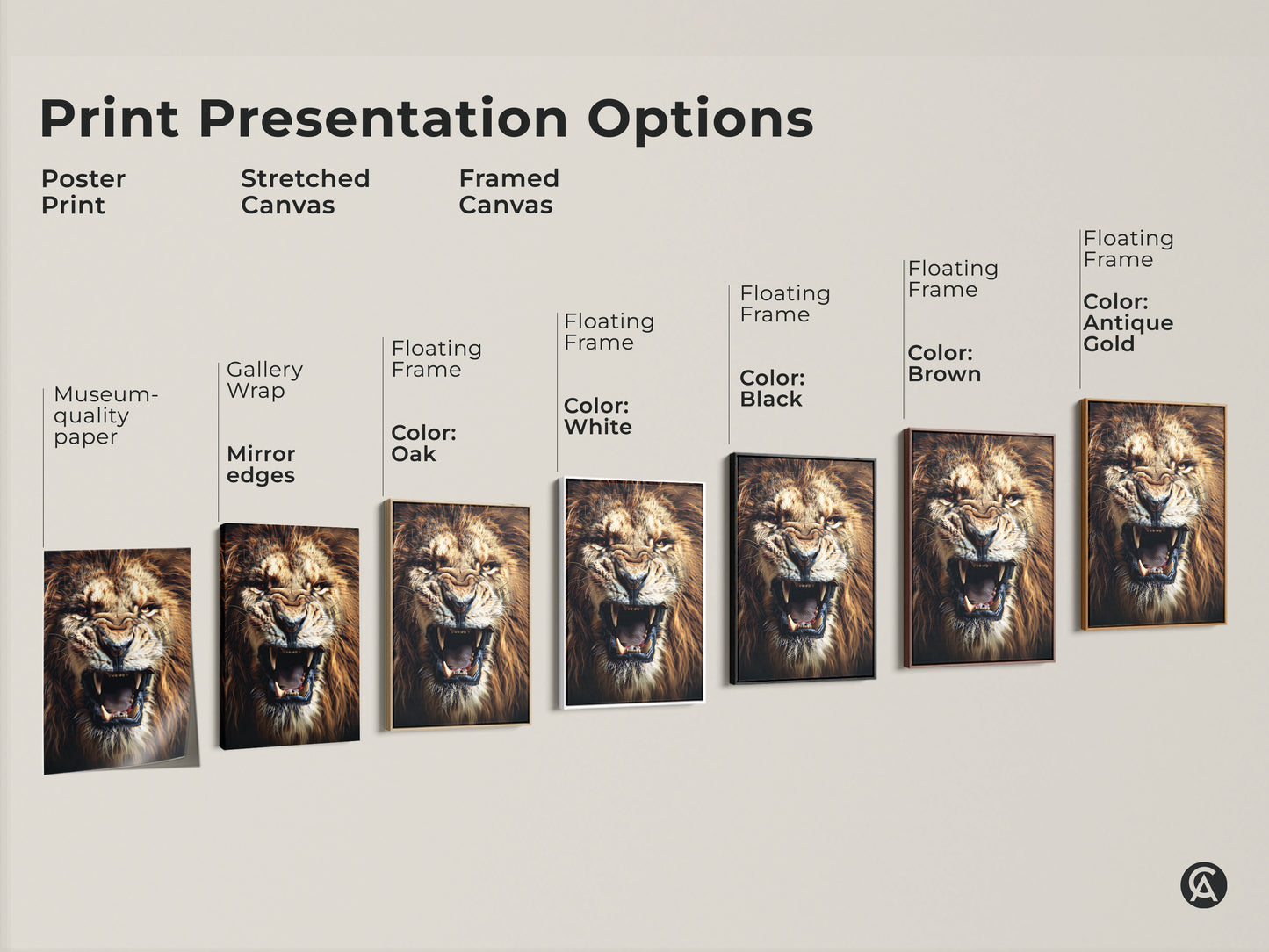 Print presentation options showcasing a roaring lion artwork. Options include poster print stretched canvas and framed canvas. Select from museum-quality paper gallery wrap and floating frame to display this intense lion face art.