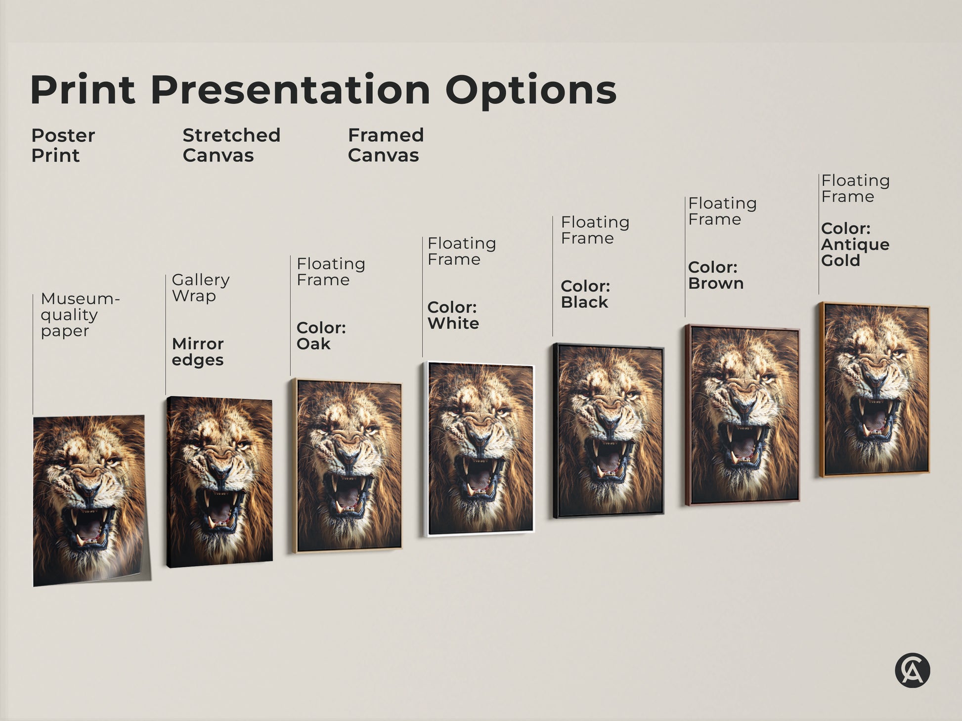 Print presentation options showcasing a roaring lion artwork. Options include poster print stretched canvas and framed canvas. Select from museum-quality paper gallery wrap and floating frame to display this intense lion face art.