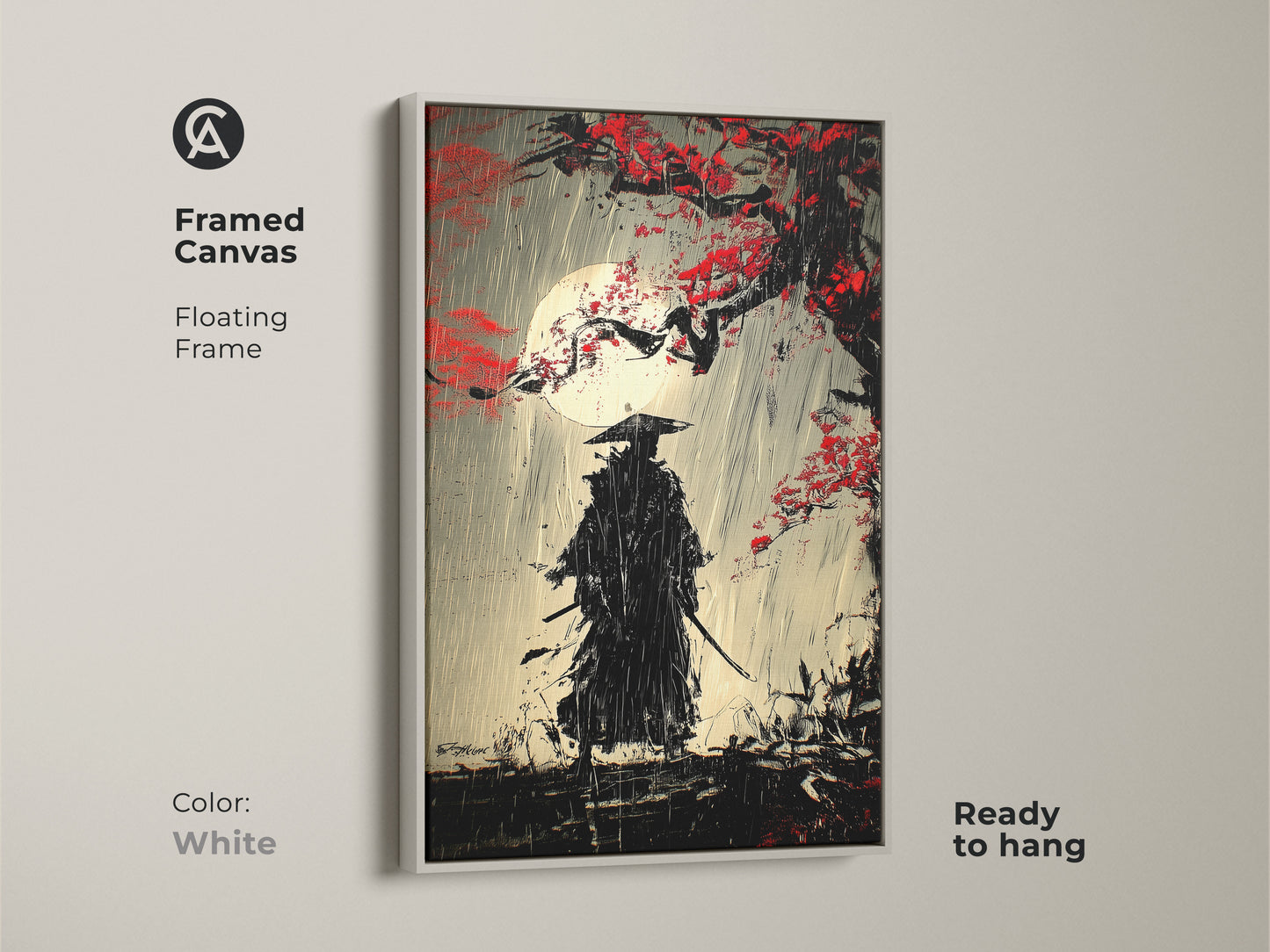 The framed canvas features a samurai warrior in a moonlit rainy scene. The Ukiyo-e style painting has a white floating frame. This Japanese art wall decor is ready to hang. The dramatic rainy scene art is striking. This artistic samurai poster adds style.