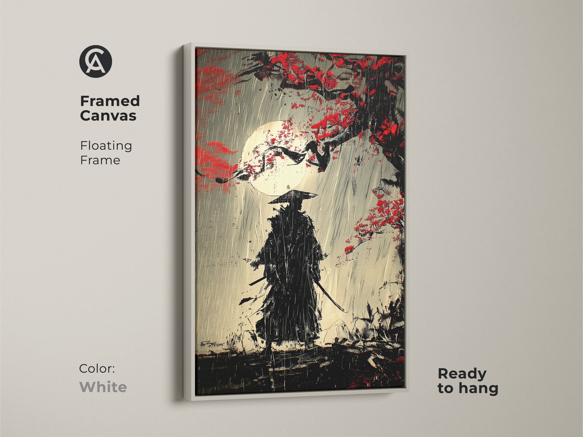 The framed canvas features a samurai warrior in a moonlit rainy scene. The Ukiyo-e style painting has a white floating frame. This Japanese art wall decor is ready to hang. The dramatic rainy scene art is striking. This artistic samurai poster adds style.